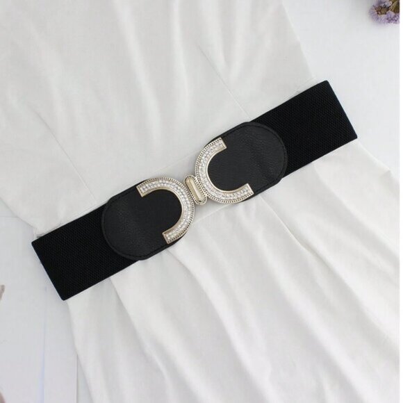 Rhinestone Buckle With Elastic Waist Belt Black